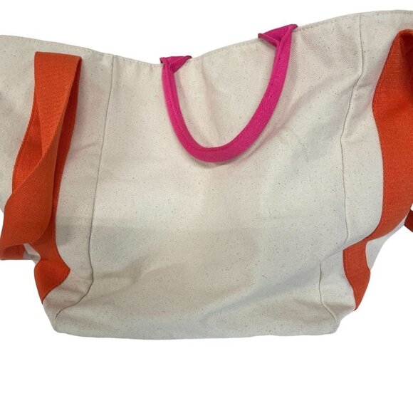 Victoria’s Secret Orange Pink Beige Canvas Beach Tote Bag - Picture 4 of 5
